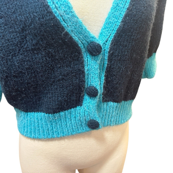 Zara Womens Cardigan Sweat Chunky Knit Short Sleeve Colorblock Blue Sz. M - Picture 4 of 10